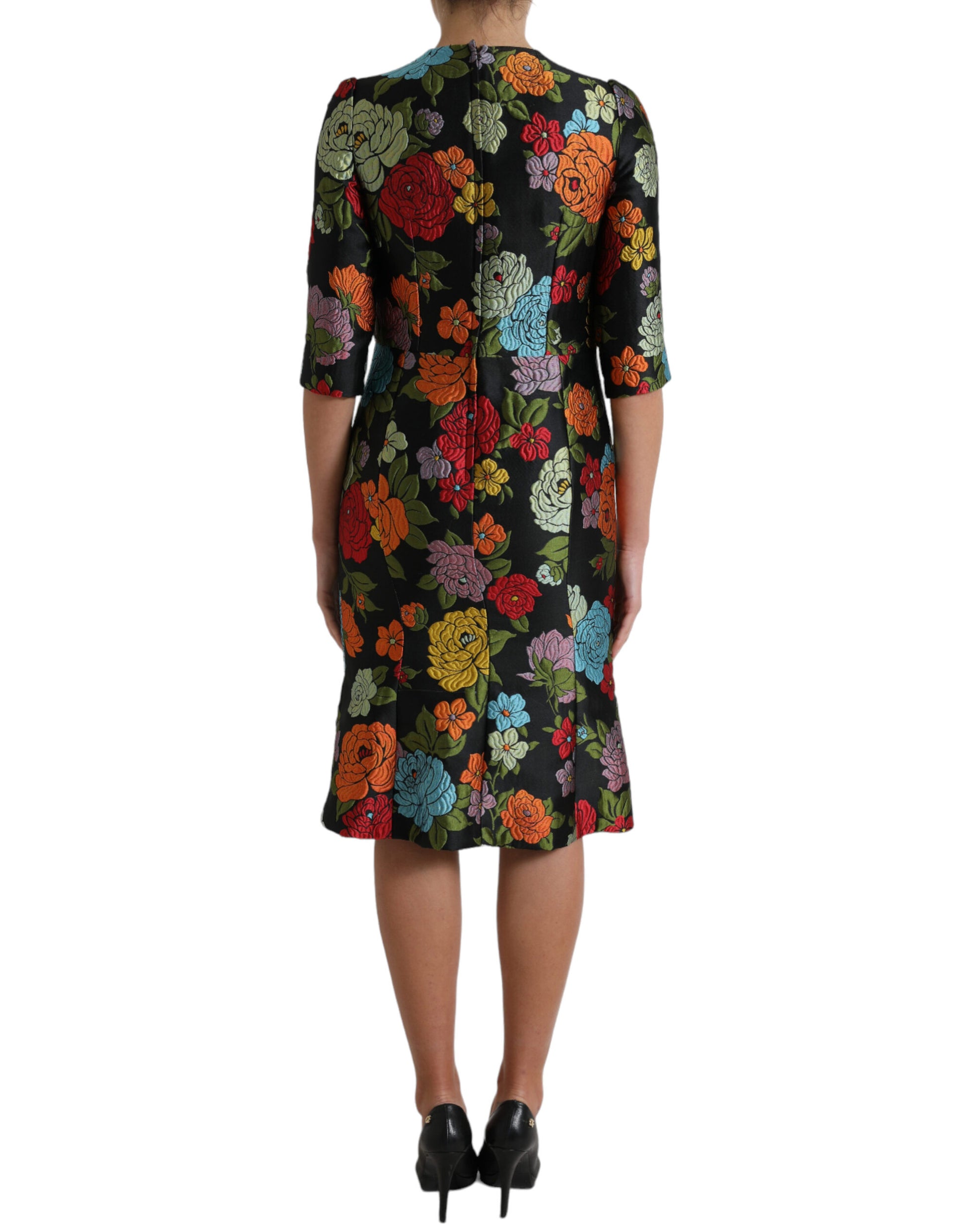 Dolce & Gabbana Black Floral Embroidery Knee Length Dress by Dolce & Gabbana