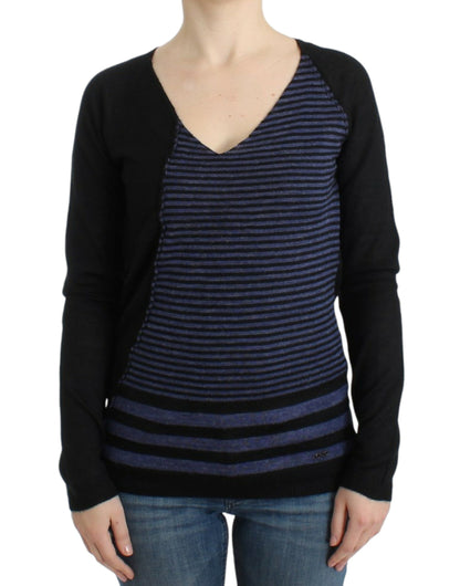 Pull en laine mélangée à rayures et col en V, style chic national