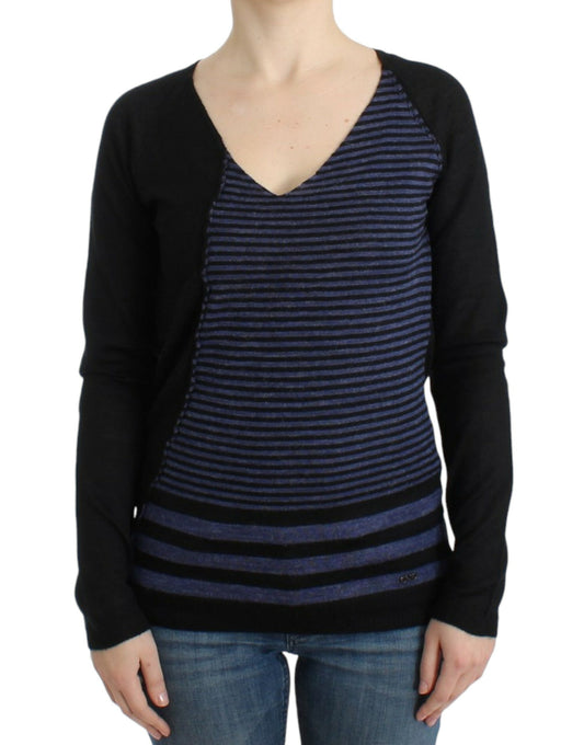 Pull en laine mélangée à rayures et col en V, style chic national