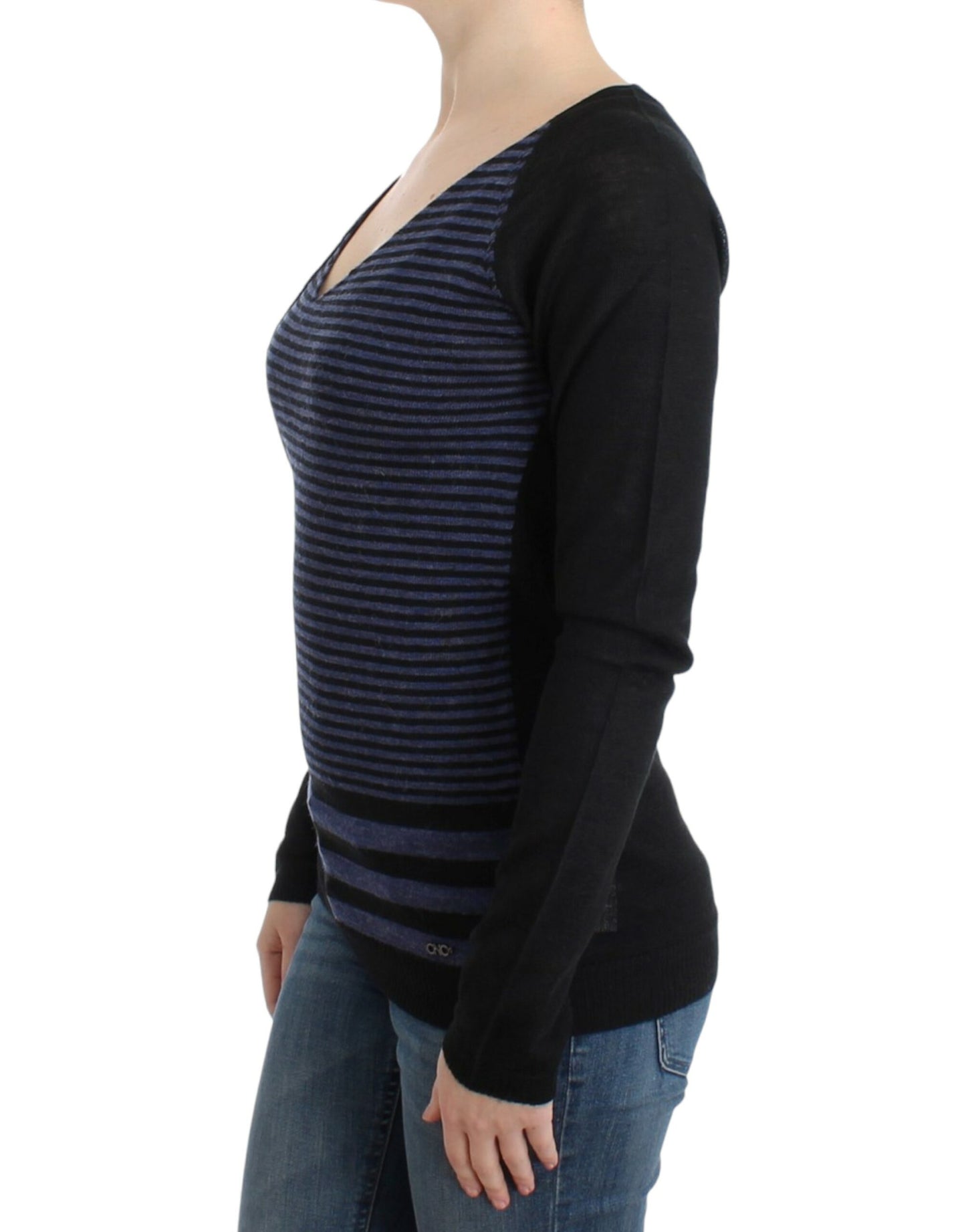 Pull en laine mélangée à rayures et col en V, style chic national