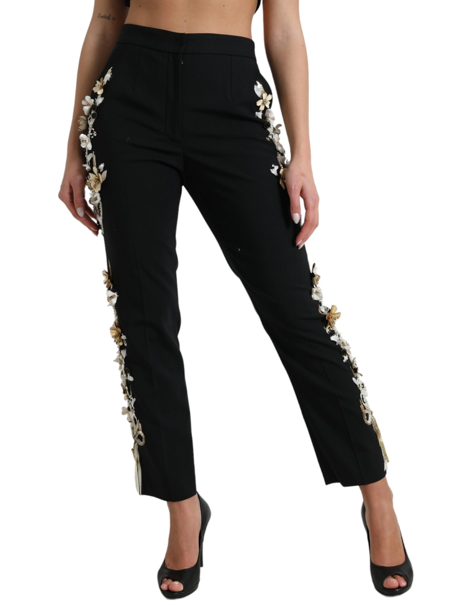 Dolce & Gabbana Black Floral Applique High Waist Tapered Pants by Dolce & Gabbana