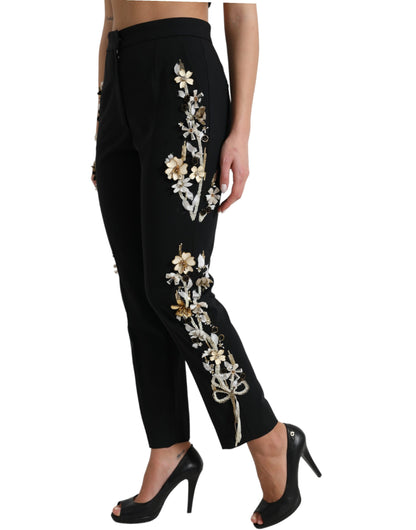 Dolce & Gabbana Black Floral Applique High Waist Tapered Pants by Dolce & Gabbana