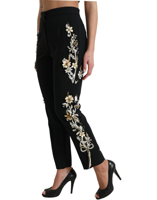 Dolce & Gabbana Black Floral Applique High Waist Tapered Pants by Dolce & Gabbana