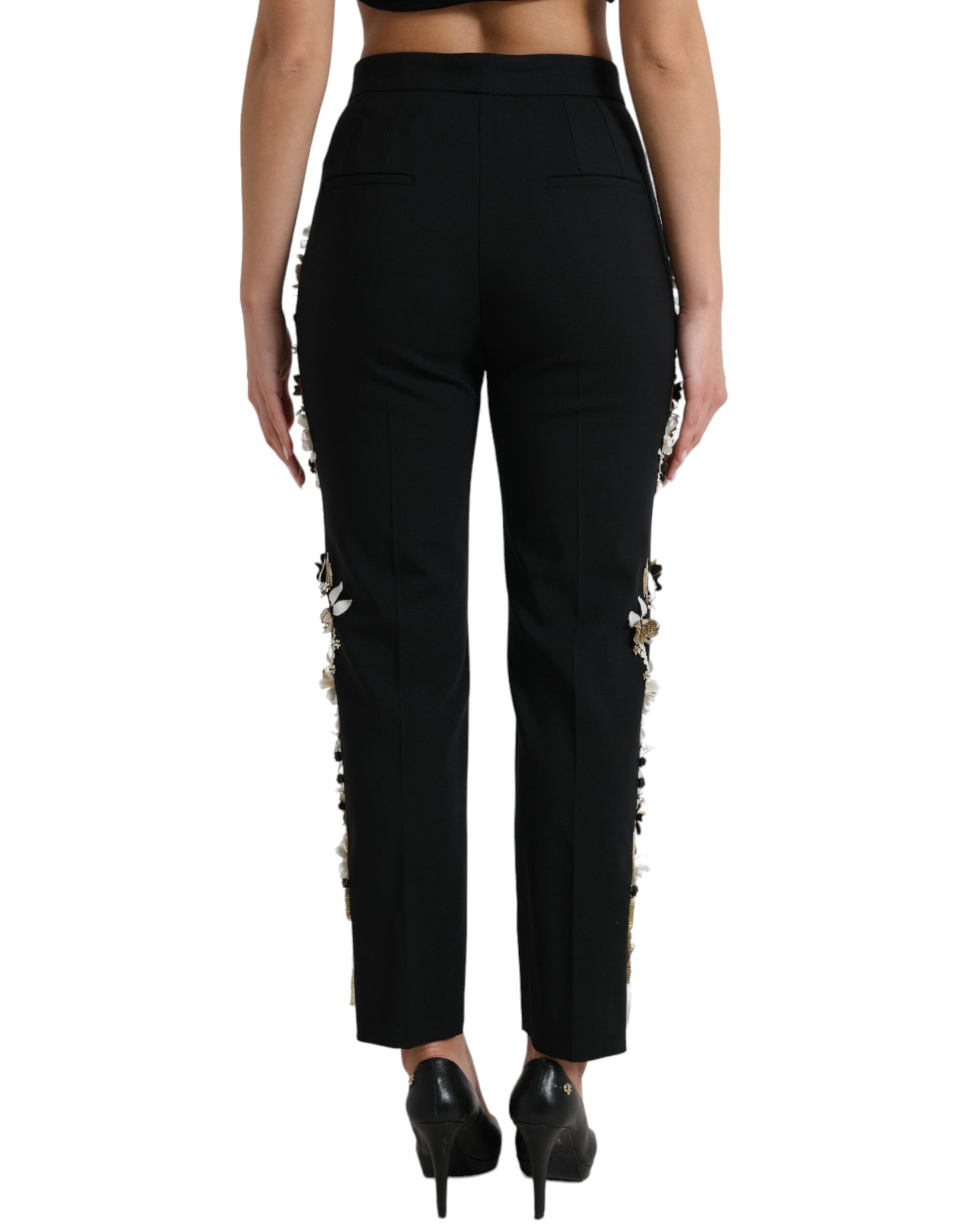 Dolce & Gabbana Black Floral Applique High Waist Tapered Pants by Dolce & Gabbana