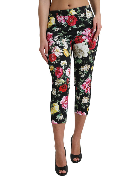 Dolce & Gabbana Black Floral Print Mid Waist Cropped Pants by Dolce & Gabbana