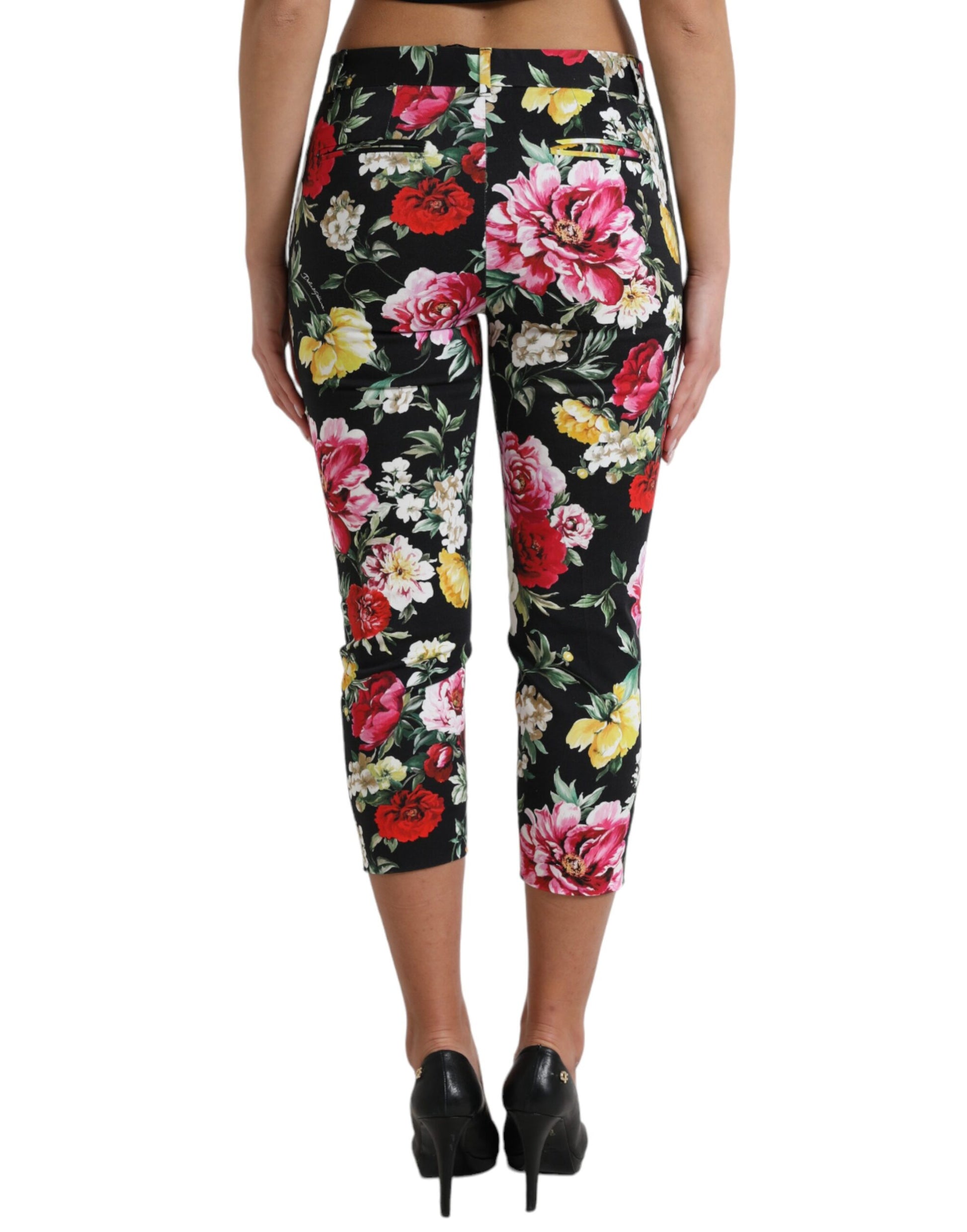 Dolce & Gabbana Black Floral Print Mid Waist Cropped Pants by Dolce & Gabbana