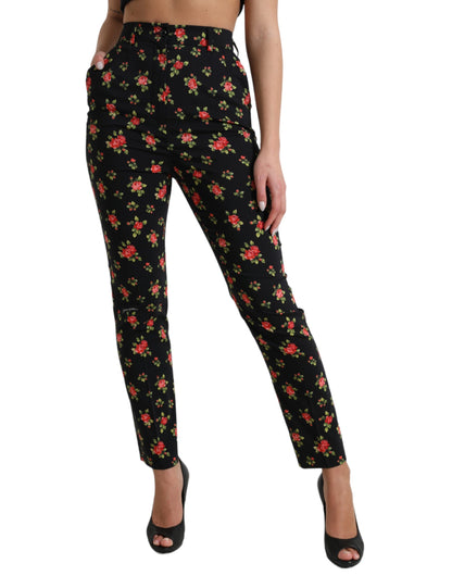 Dolce & Gabbana Black Floral Wool High Waist Tapered Pants by Dolce & Gabbana