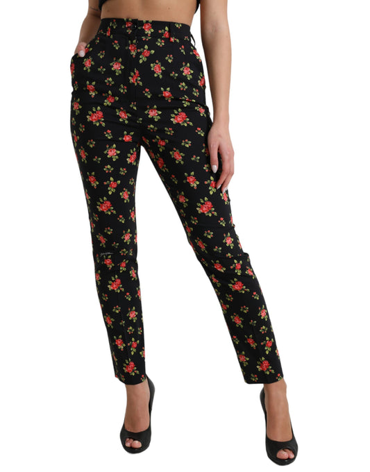Dolce & Gabbana Black Floral Wool High Waist Tapered Pants by Dolce & Gabbana