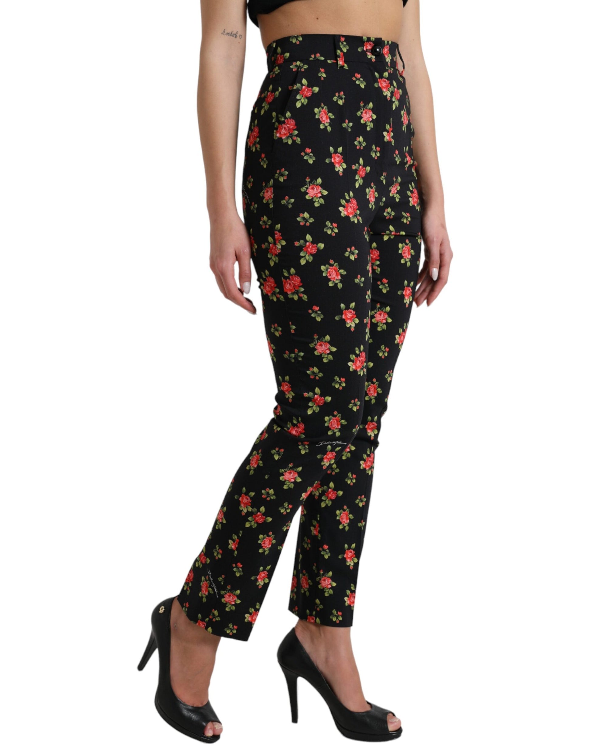 Dolce & Gabbana Black Floral Wool High Waist Tapered Pants by Dolce & Gabbana