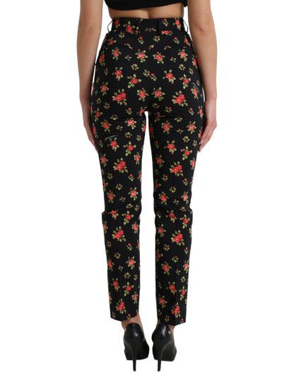 Dolce & Gabbana Black Floral Wool High Waist Tapered Pants by Dolce & Gabbana