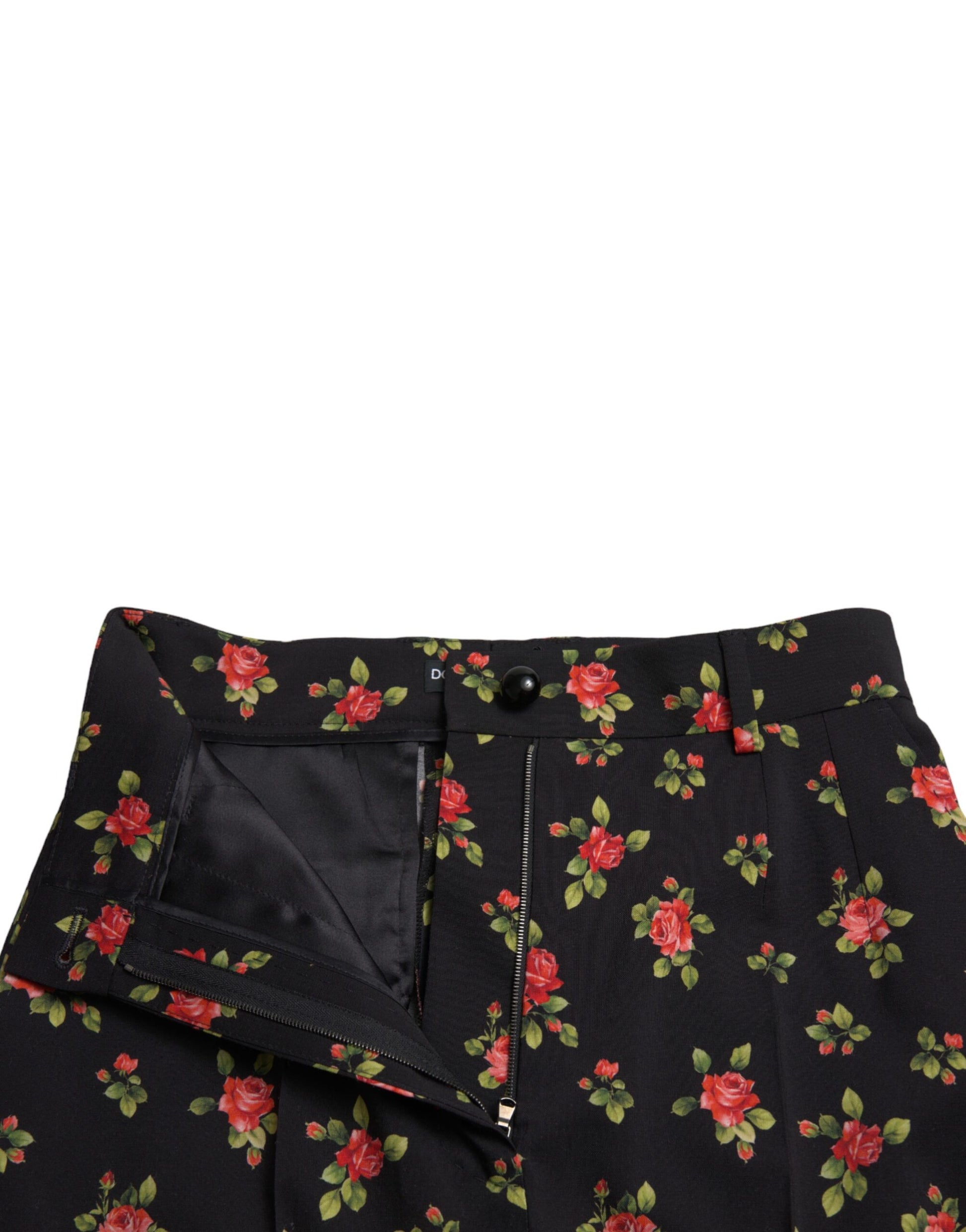 Dolce & Gabbana Black Floral Wool High Waist Tapered Pants by Dolce & Gabbana
