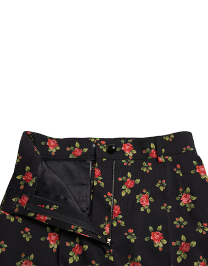 Dolce & Gabbana Black Floral Wool High Waist Tapered Pants by Dolce & Gabbana