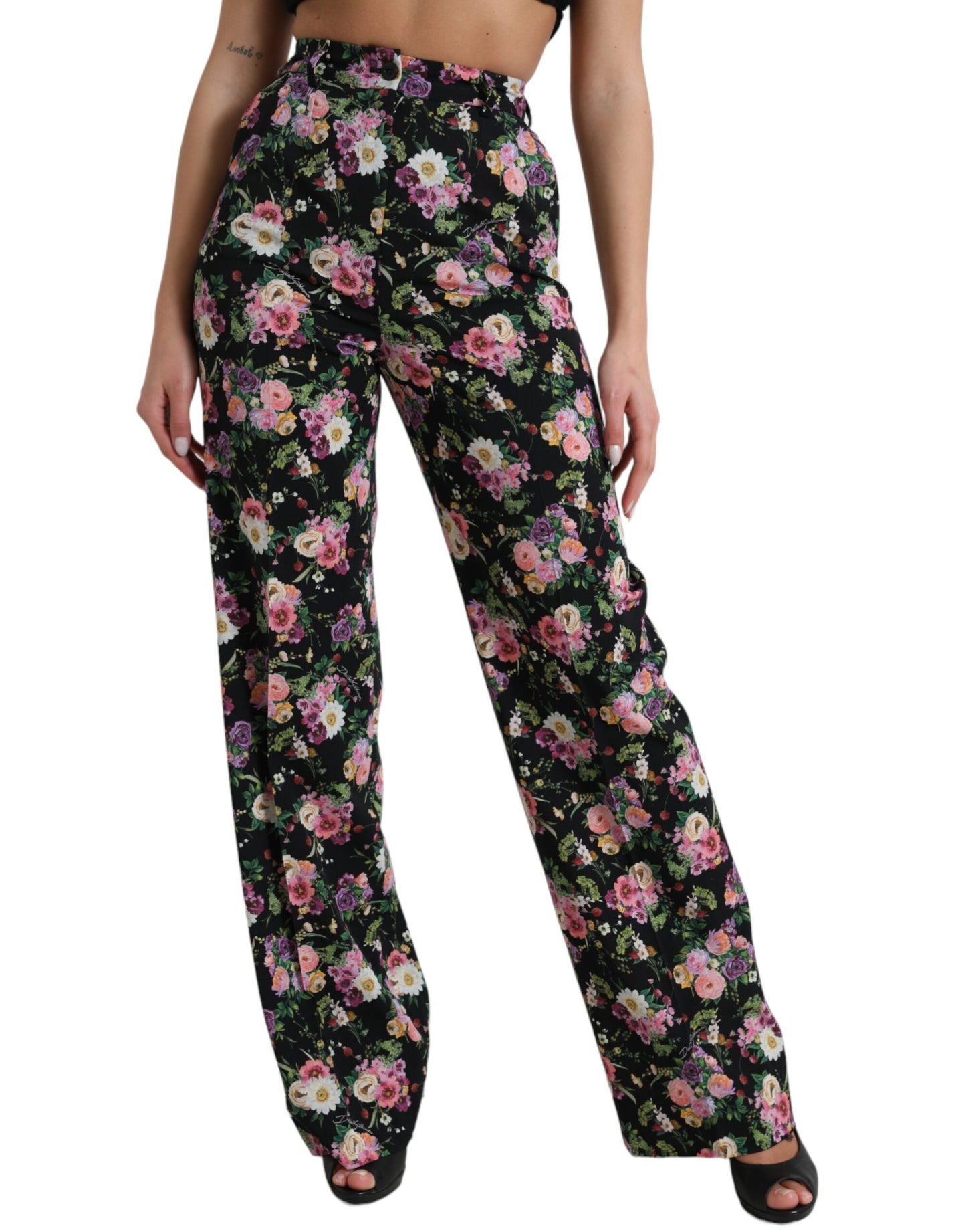 Dolce & Gabbana Black Floral Wool High Waist Wide Leg Pants by Dolce & Gabbana