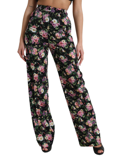 Dolce & Gabbana Black Floral Wool High Waist Wide Leg Pants by Dolce & Gabbana