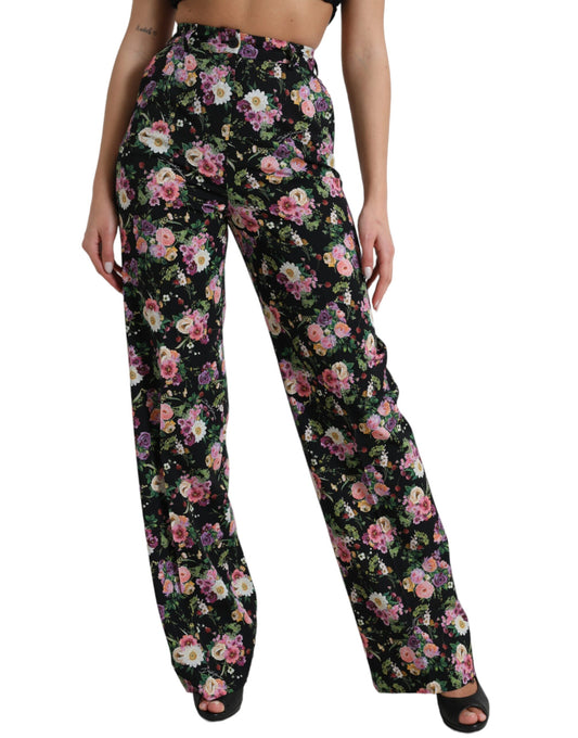 Dolce & Gabbana Black Floral Wool High Waist Wide Leg Pants by Dolce & Gabbana