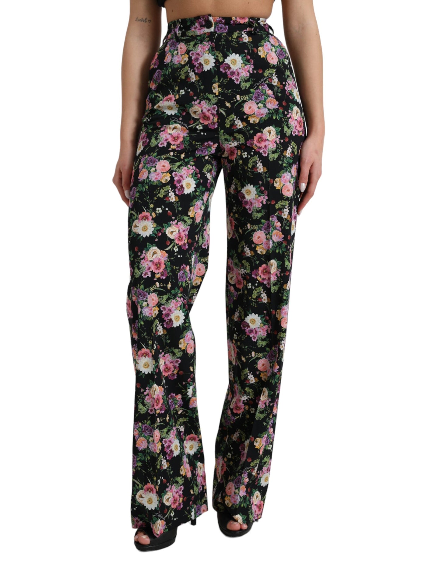 Dolce & Gabbana Black Floral Wool High Waist Wide Leg Pants by Dolce & Gabbana