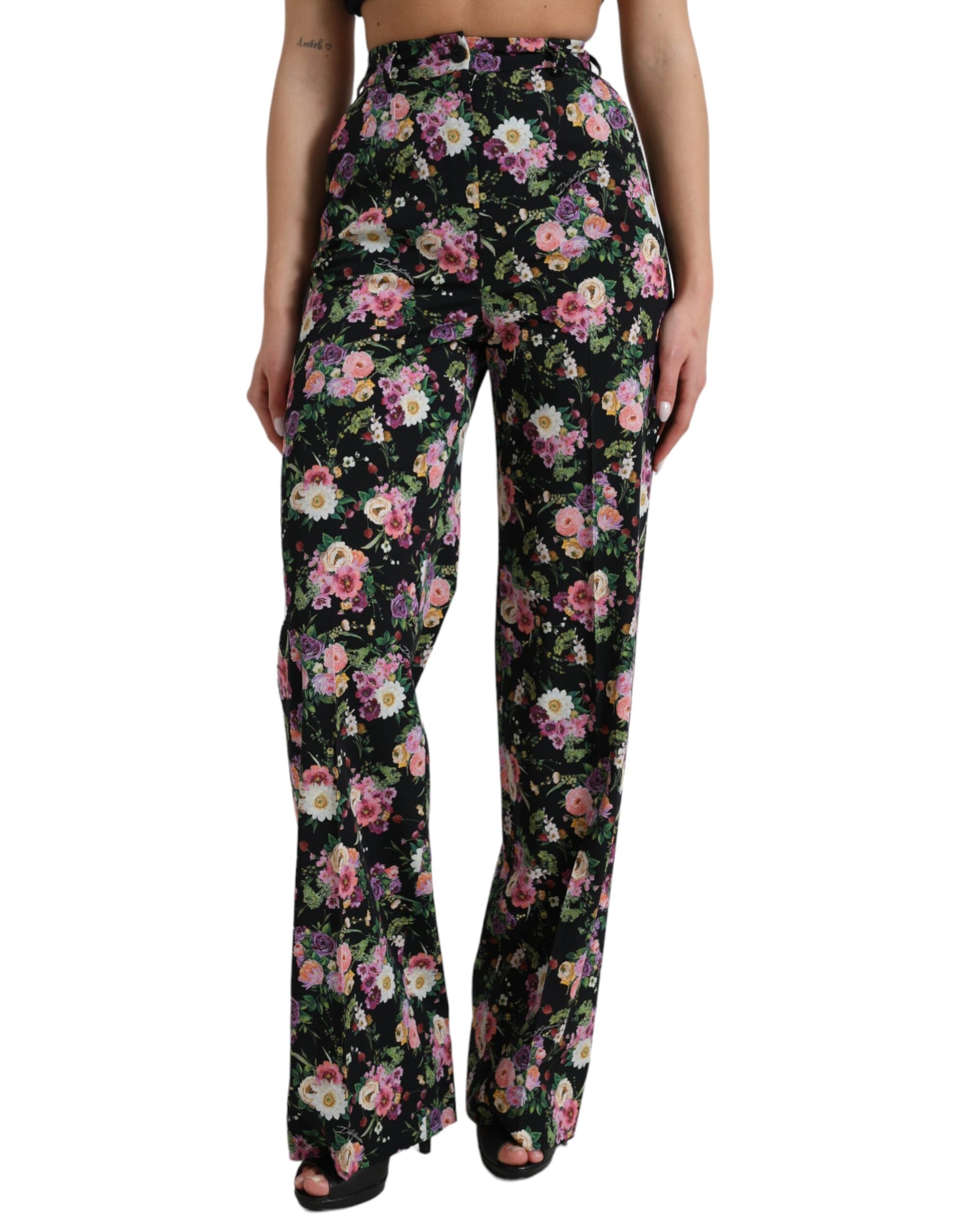 Dolce & Gabbana Black Floral Wool High Waist Wide Leg Pants by Dolce & Gabbana