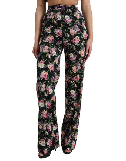 Dolce & Gabbana Black Floral Wool High Waist Wide Leg Pants by Dolce & Gabbana