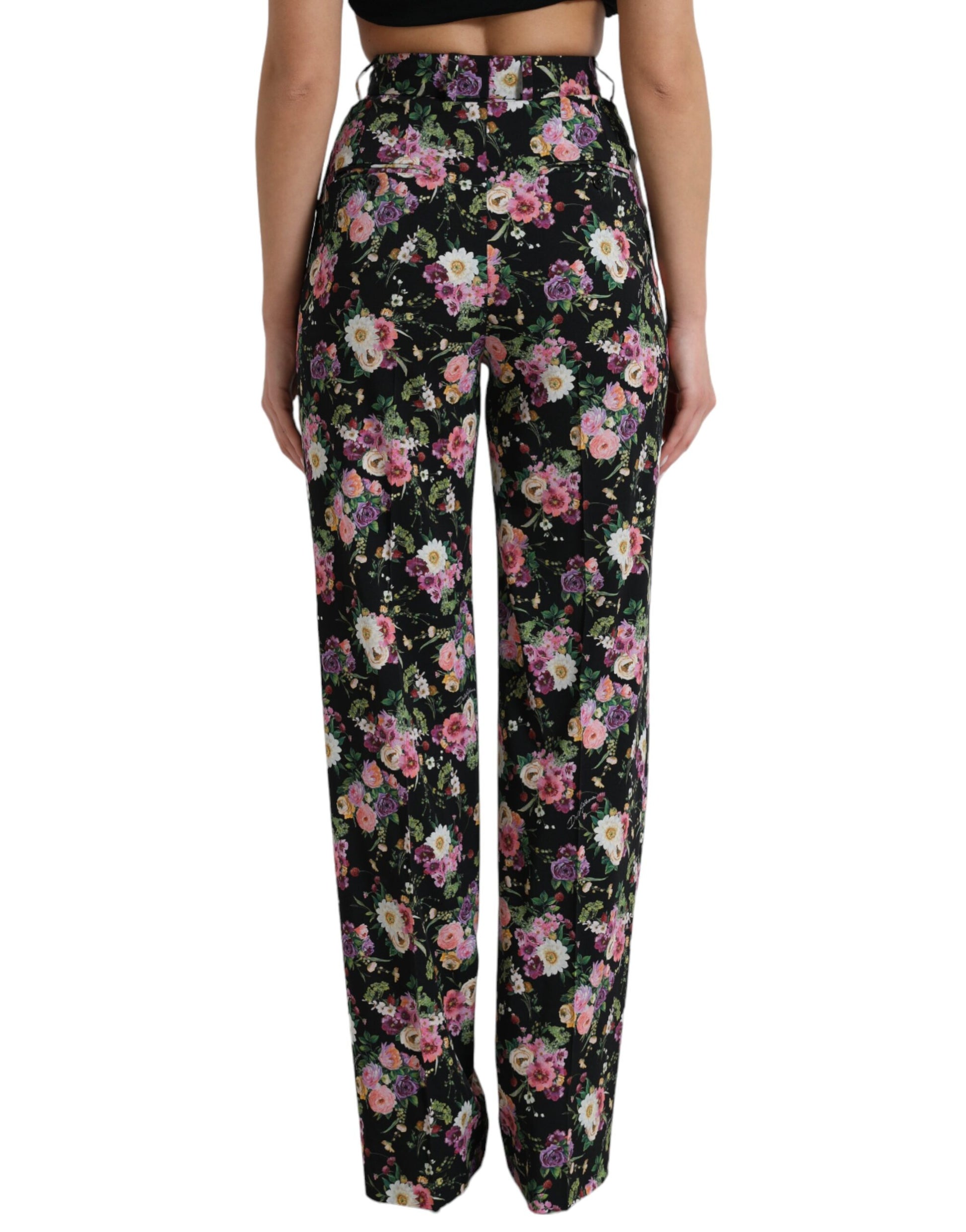 Dolce & Gabbana Black Floral Wool High Waist Wide Leg Pants by Dolce & Gabbana