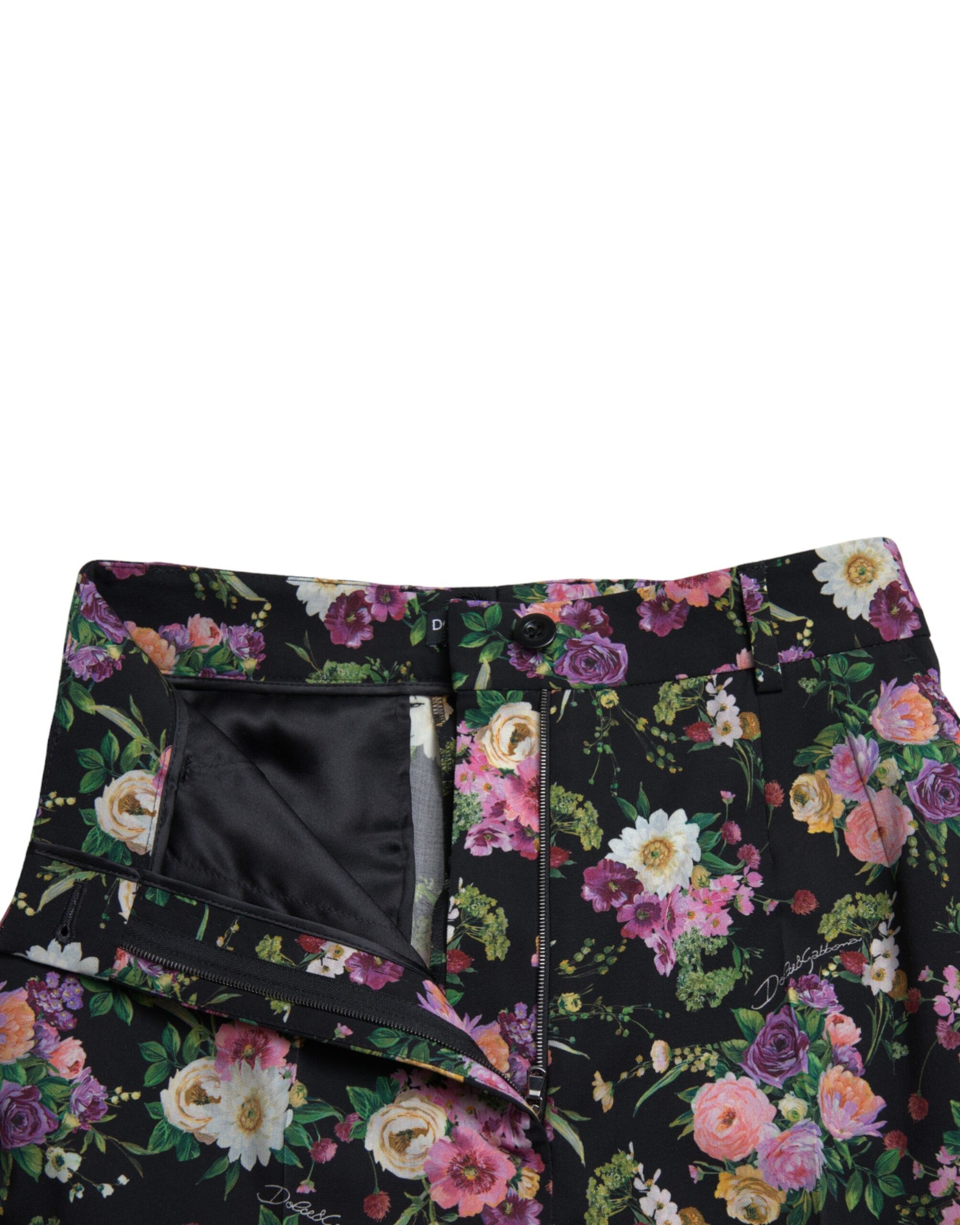 Dolce & Gabbana Black Floral Wool High Waist Wide Leg Pants by Dolce & Gabbana