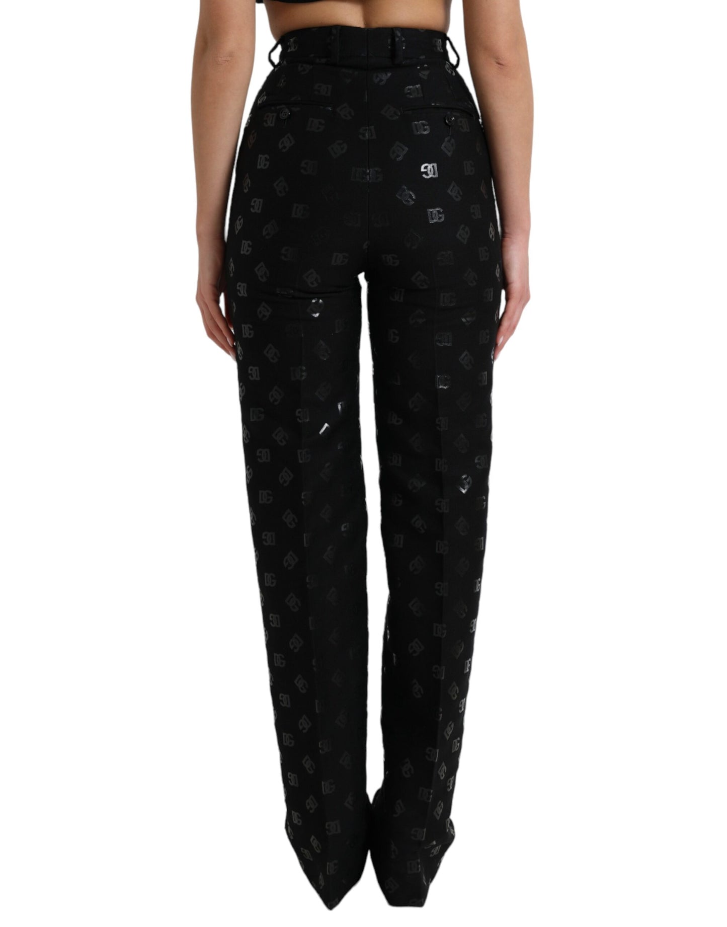Dolce & Gabbana Black Wool DG Logo High Waist Straight Pants by Dolce & Gabbana