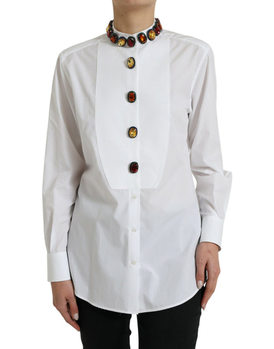 Dolce &amp; Gabbana White Cotton Crystals Embellished Shirt Top
