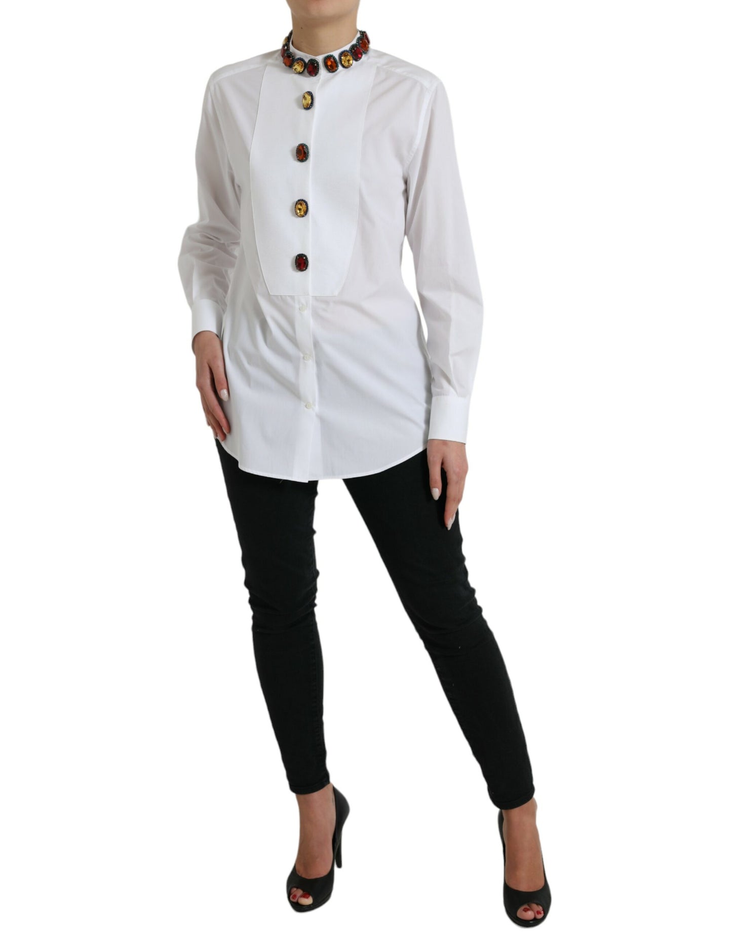 Dolce &amp; Gabbana White Cotton Crystals Embellished Shirt Top