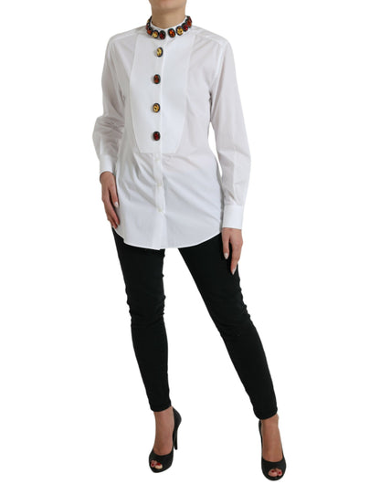 Dolce &amp; Gabbana White Cotton Crystals Embellished Shirt Top