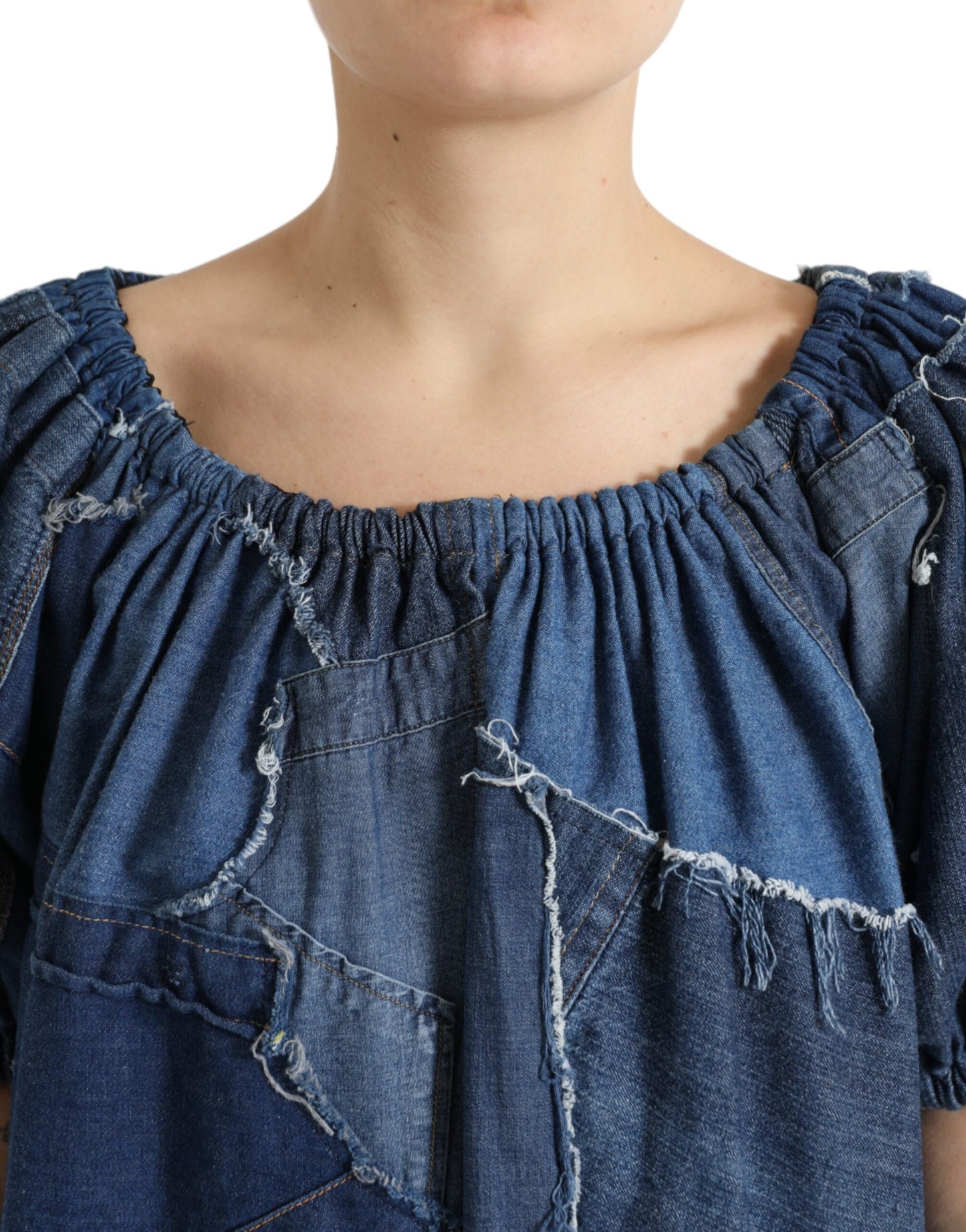Dolce & Gabbana Blue Patchwork Short Sleeves Denim Blouse Top by Dolce & Gabbana