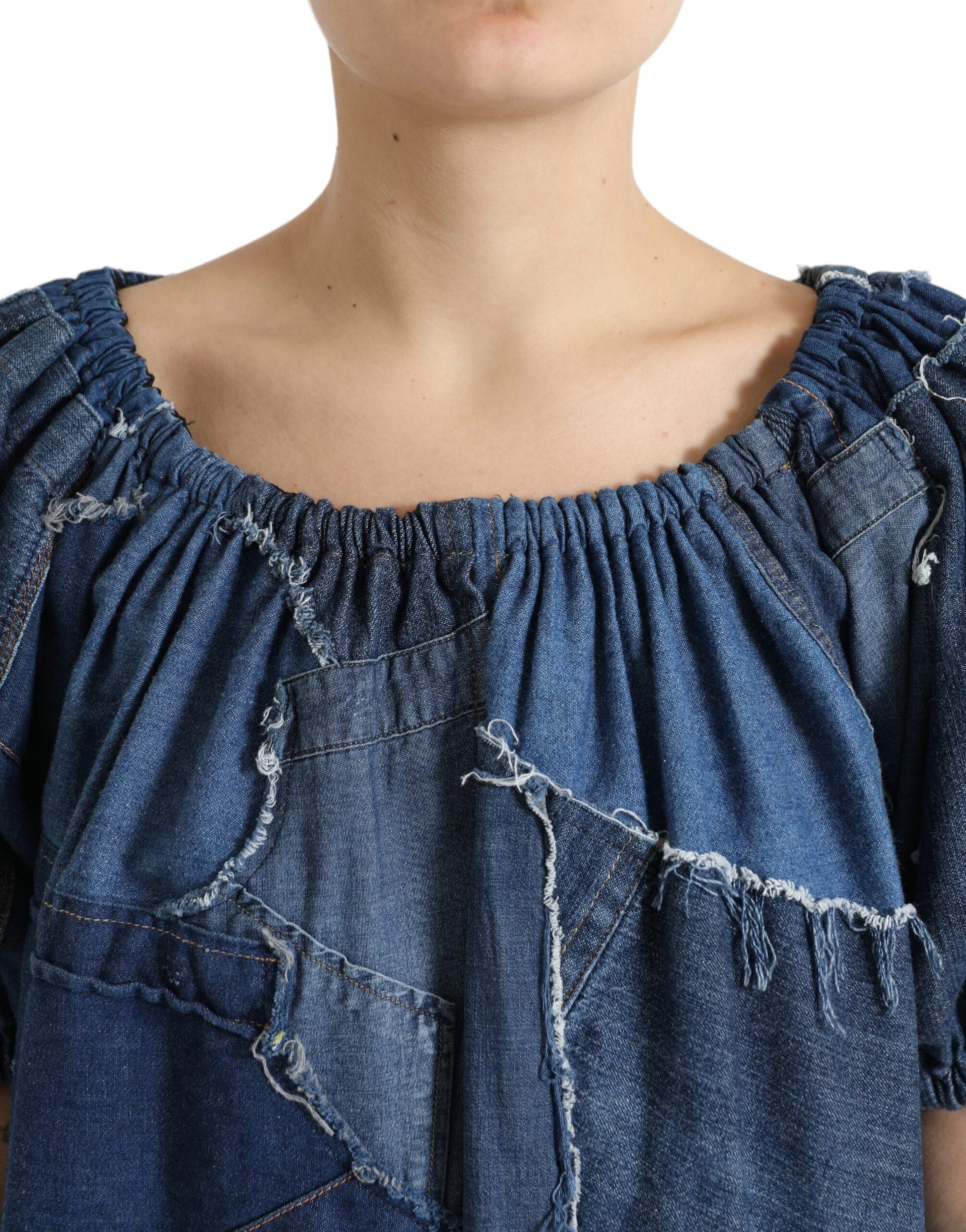 Dolce & Gabbana Blue Patchwork Short Sleeves Denim Blouse Top by Dolce & Gabbana