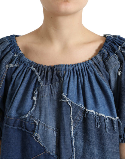 Dolce & Gabbana Blue Patchwork Short Sleeves Denim Blouse Top by Dolce & Gabbana