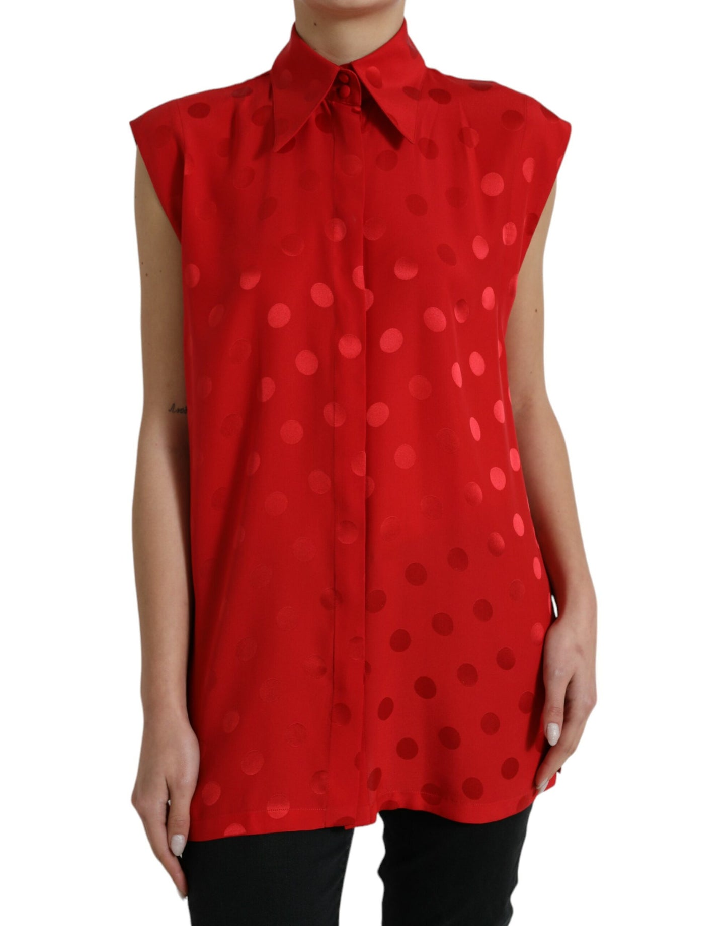 Dolce & Gabbana Red Polka Dot Sleeveless Collared Blouse Top by Dolce & Gabbana