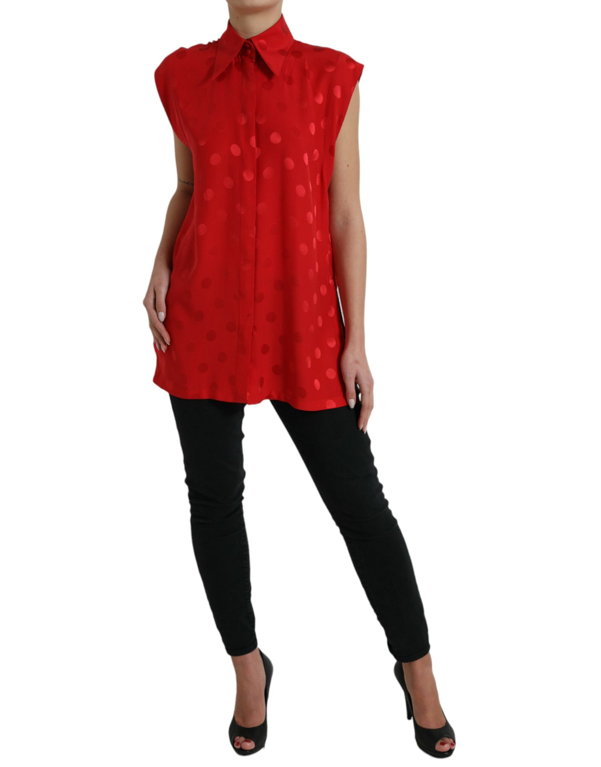 Dolce & Gabbana Red Polka Dot Sleeveless Collared Blouse Top by Dolce & Gabbana