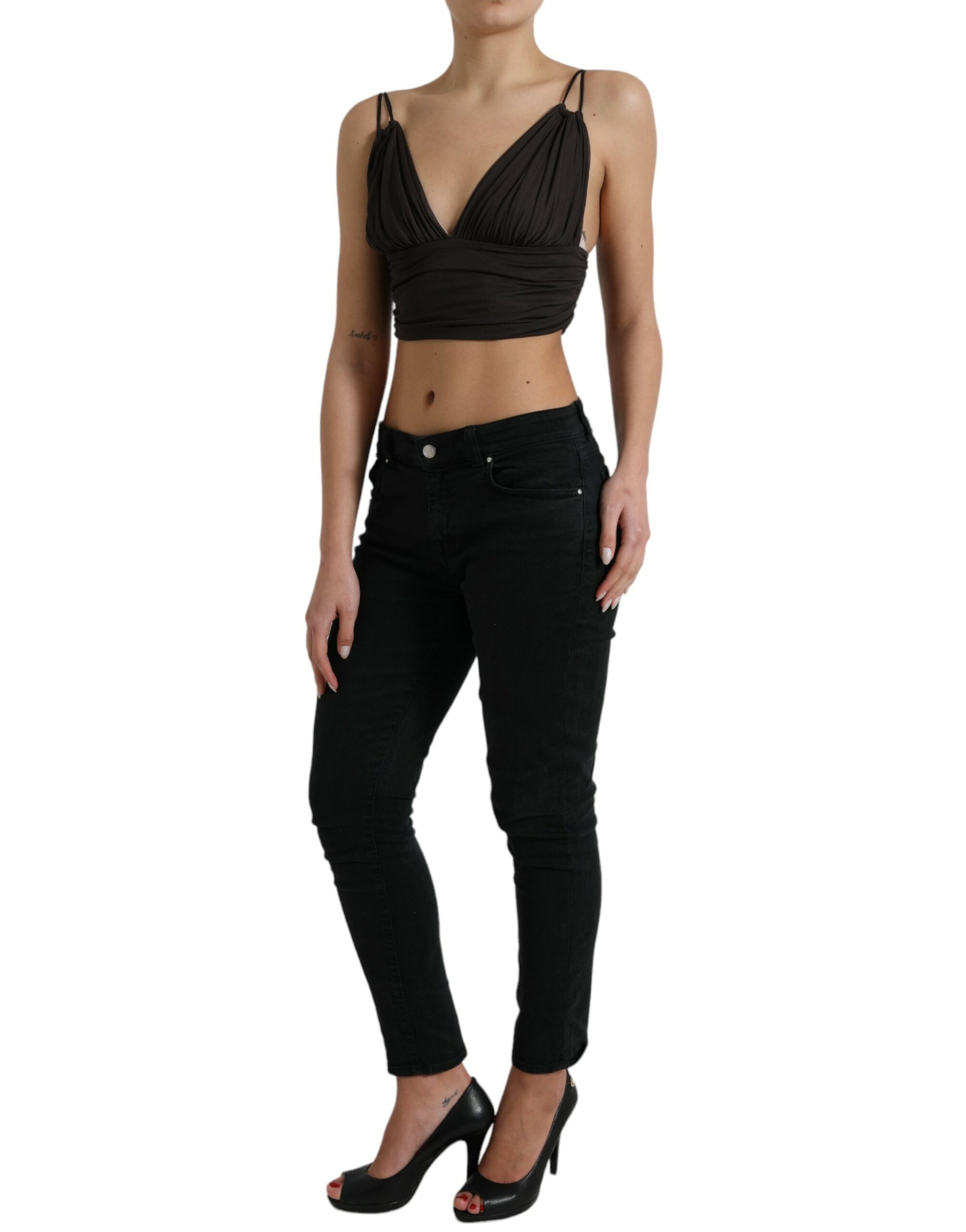 Dolce & Gabbana Brown Viscose Plunging V-neck Cropped Tank Top by Dolce & Gabbana