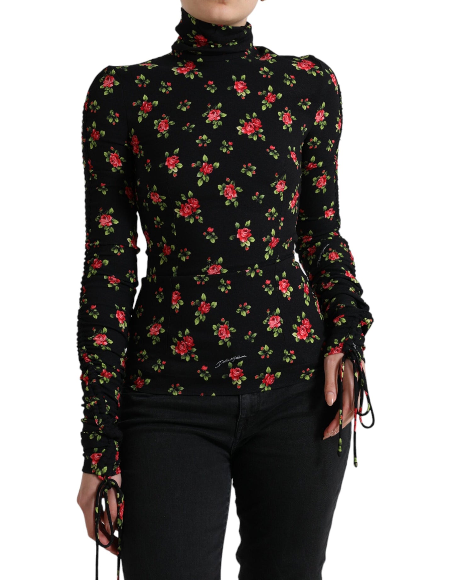 Dolce & Gabbana Black Rose Print Turtle Neck Blouse Top by Dolce & Gabbana