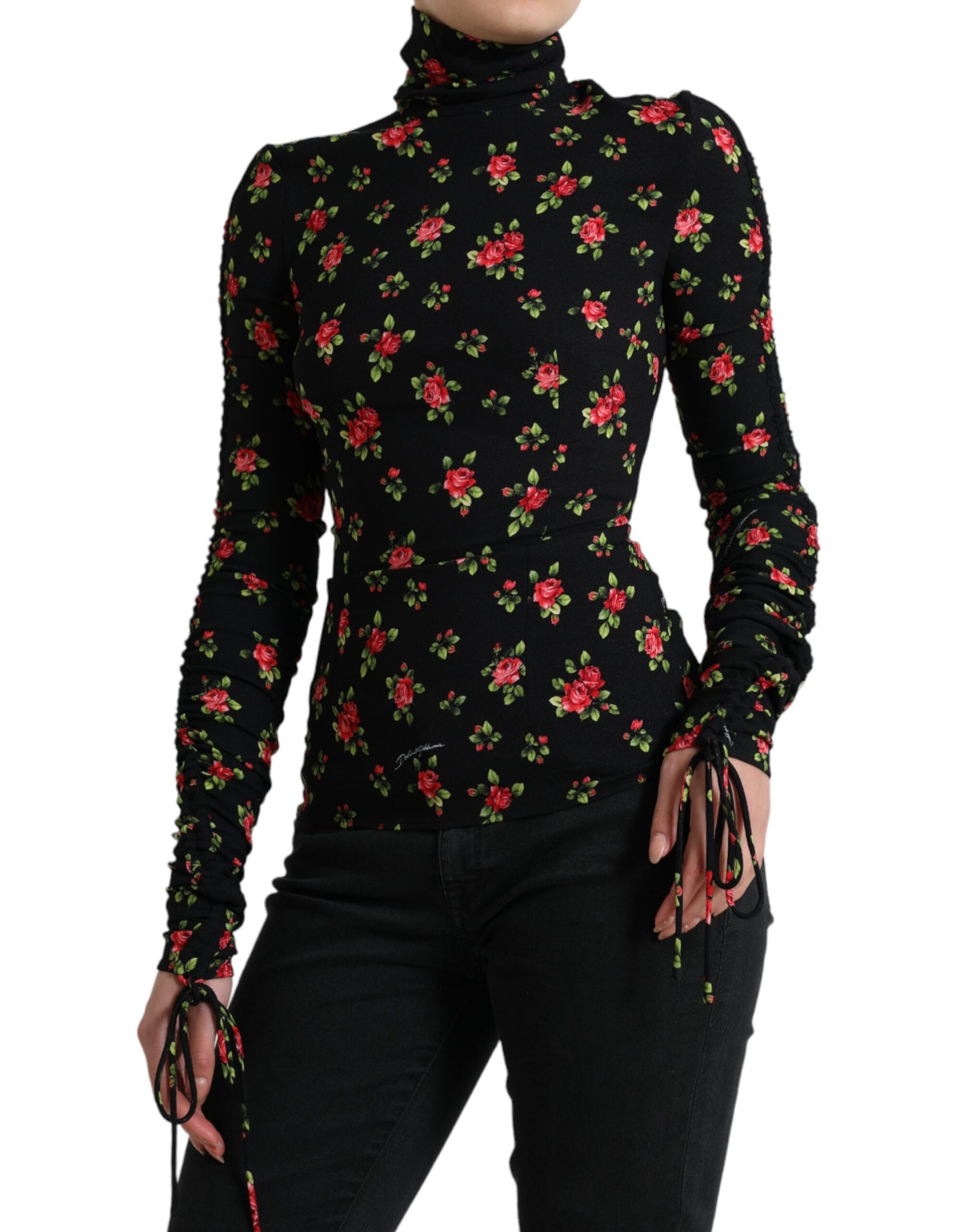 Dolce & Gabbana Black Rose Print Turtle Neck Blouse Top by Dolce & Gabbana