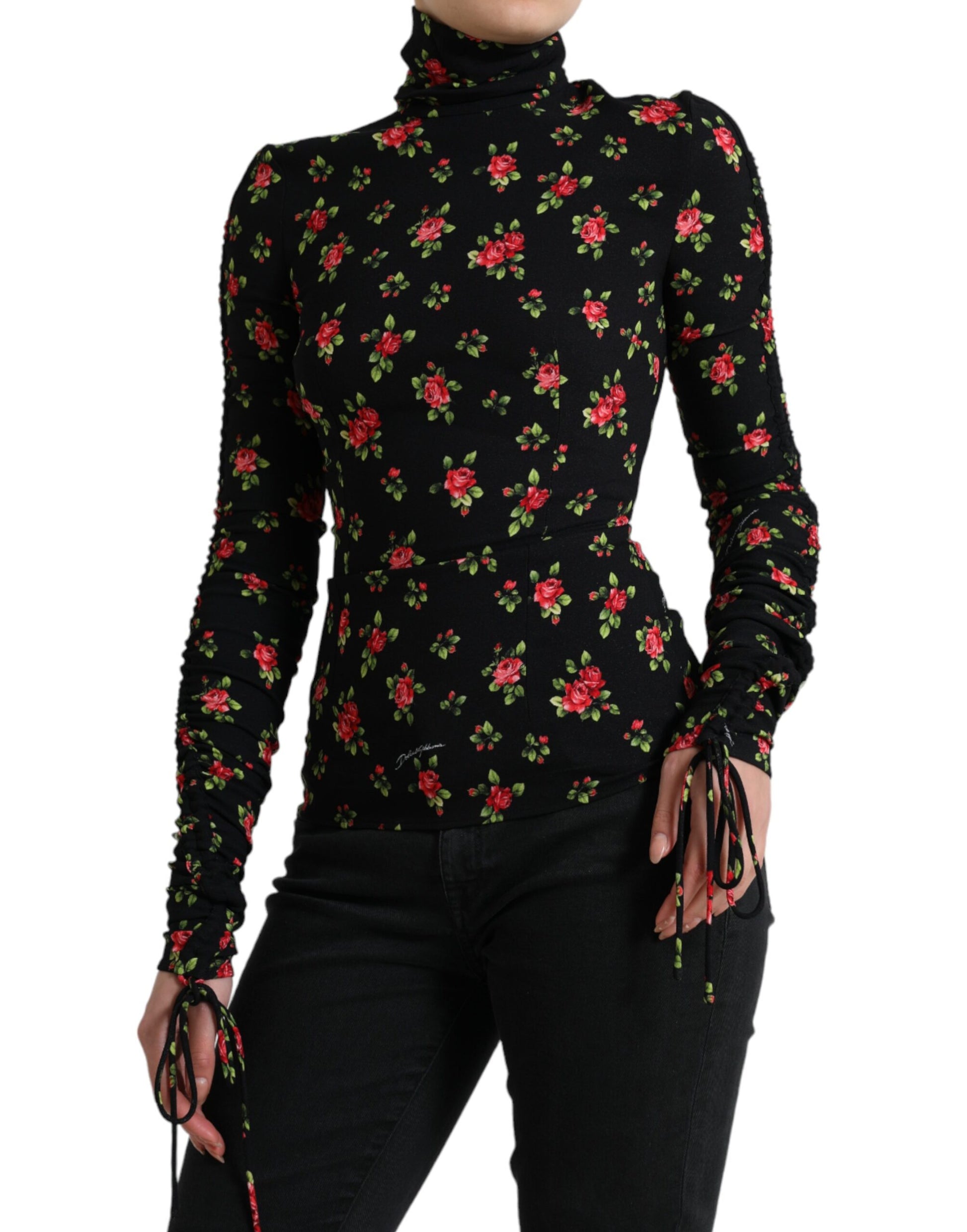 Dolce & Gabbana Black Rose Print Turtle Neck Blouse Top by Dolce & Gabbana