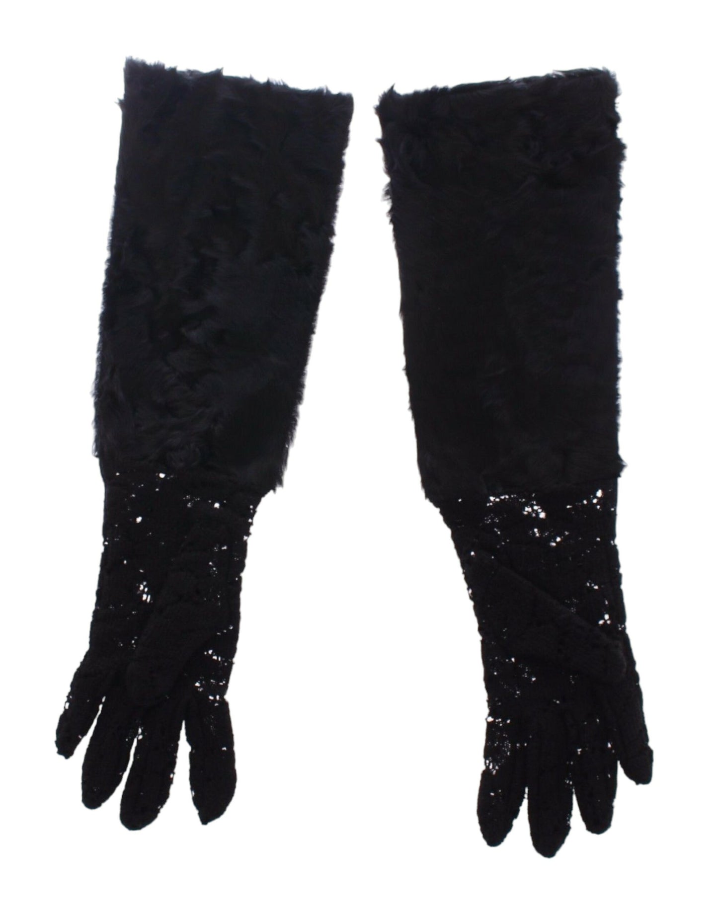 Gants de coude en laine noire, dentelle et fourrure d'agneau Dolce &amp; Gabbana