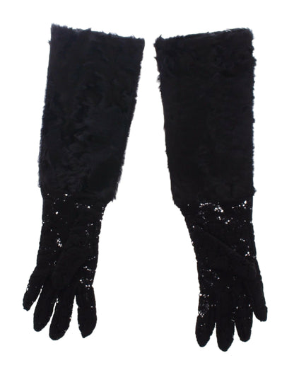 Gants de coude en laine noire, dentelle et fourrure d'agneau Dolce &amp; Gabbana