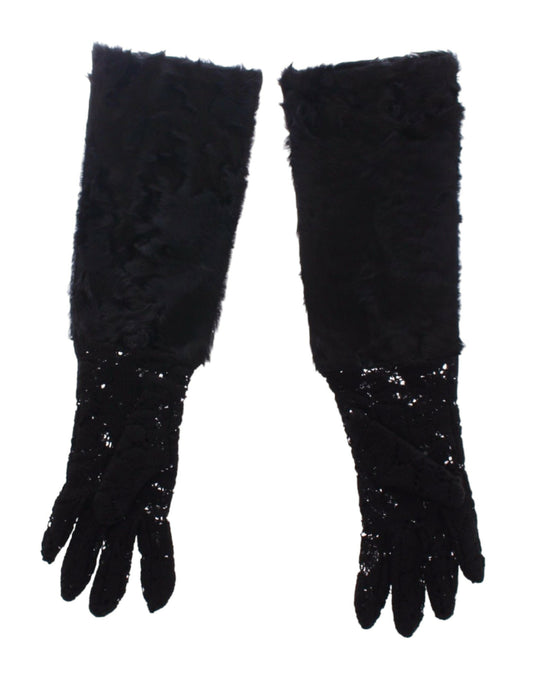 Gants de coude en laine noire, dentelle et fourrure d'agneau Dolce &amp; Gabbana
