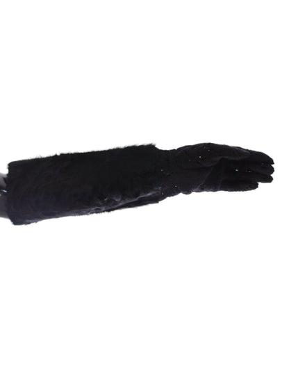 Gants de coude en laine noire, dentelle et fourrure d'agneau Dolce &amp; Gabbana