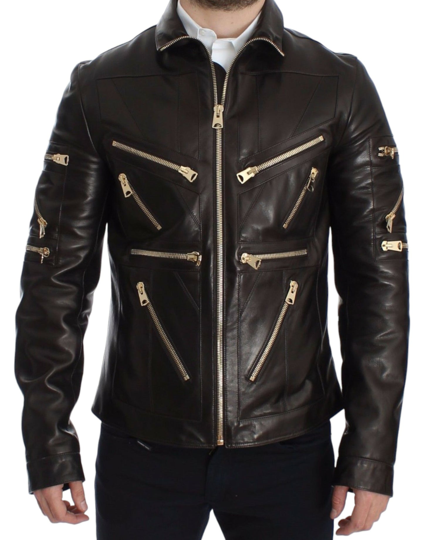 Dolce &amp; Gabbana - Élégante veste en cuir marron à détails dorés