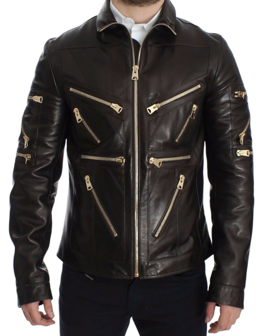 Dolce &amp; Gabbana - Élégante veste en cuir marron à détails dorés