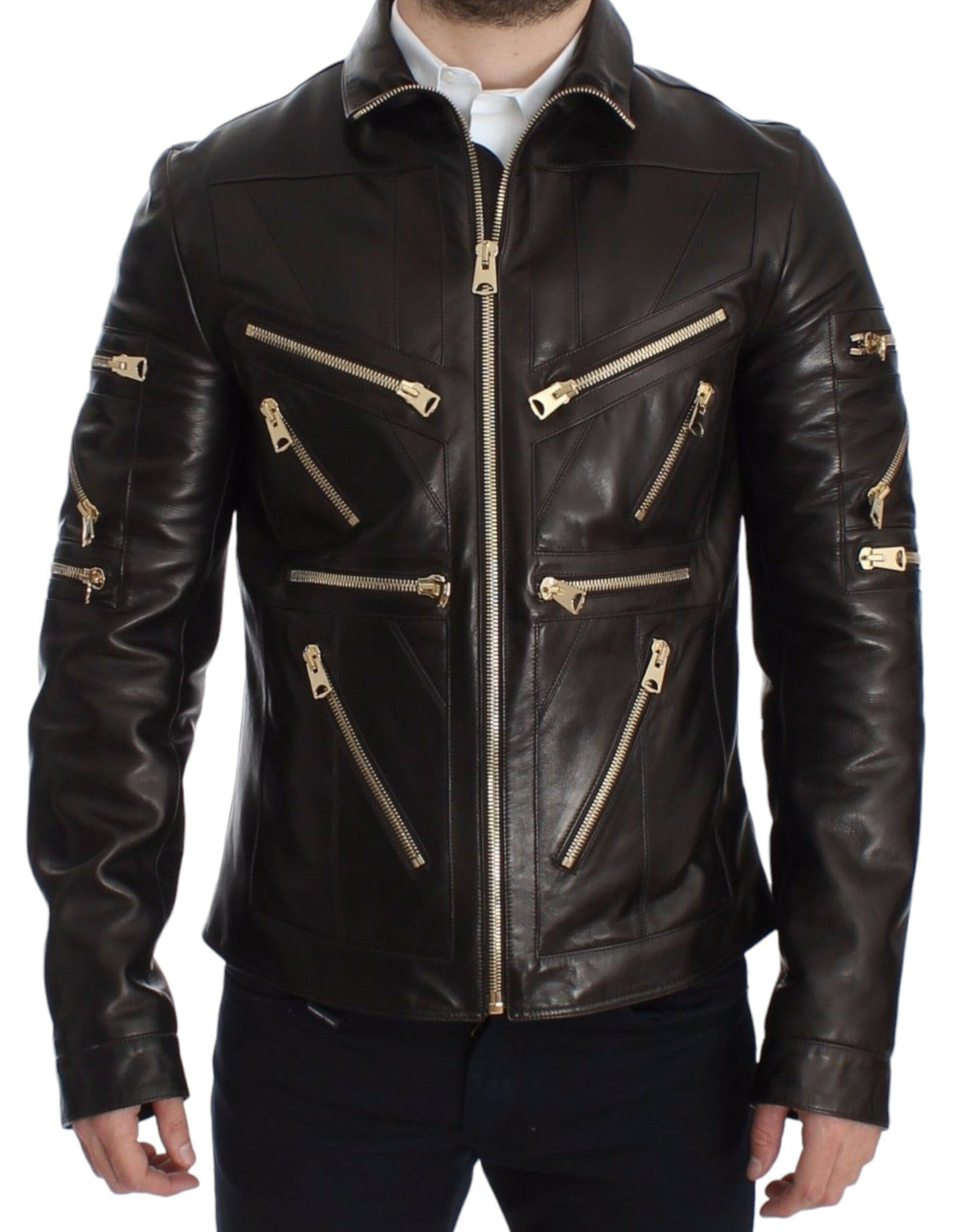 Dolce &amp; Gabbana - Élégante veste en cuir marron à détails dorés