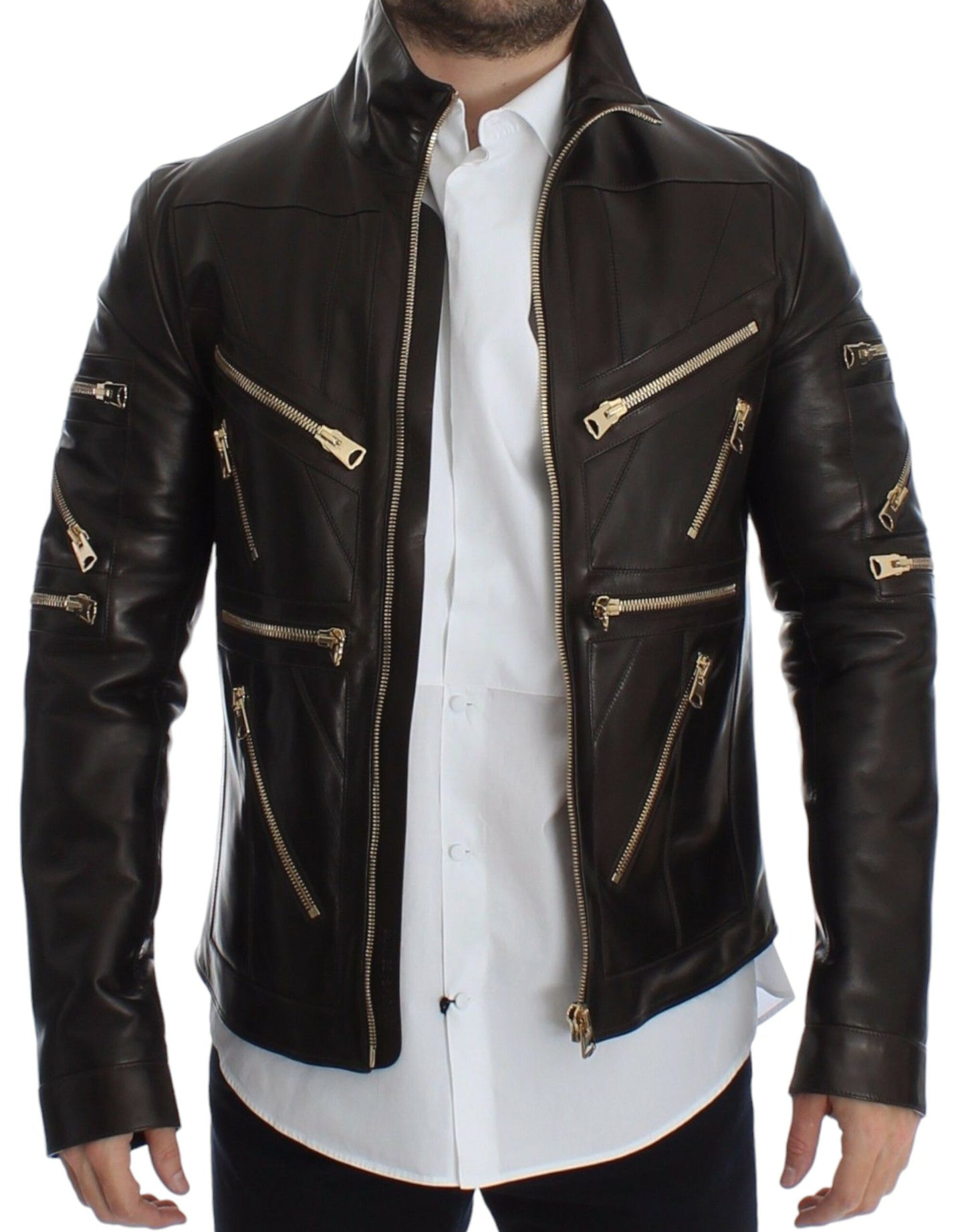 Dolce &amp; Gabbana - Élégante veste en cuir marron à détails dorés