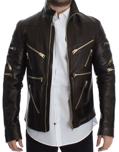 Dolce &amp; Gabbana - Élégante veste en cuir marron à détails dorés