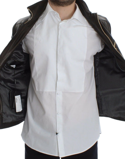 Dolce &amp; Gabbana - Élégante veste en cuir marron à détails dorés