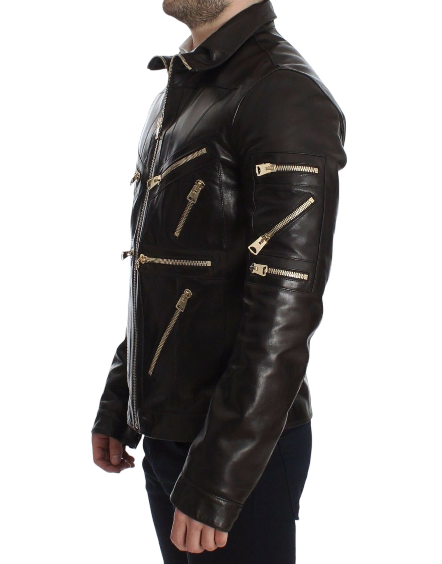 Dolce &amp; Gabbana - Élégante veste en cuir marron à détails dorés