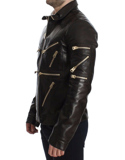 Dolce &amp; Gabbana - Élégante veste en cuir marron à détails dorés