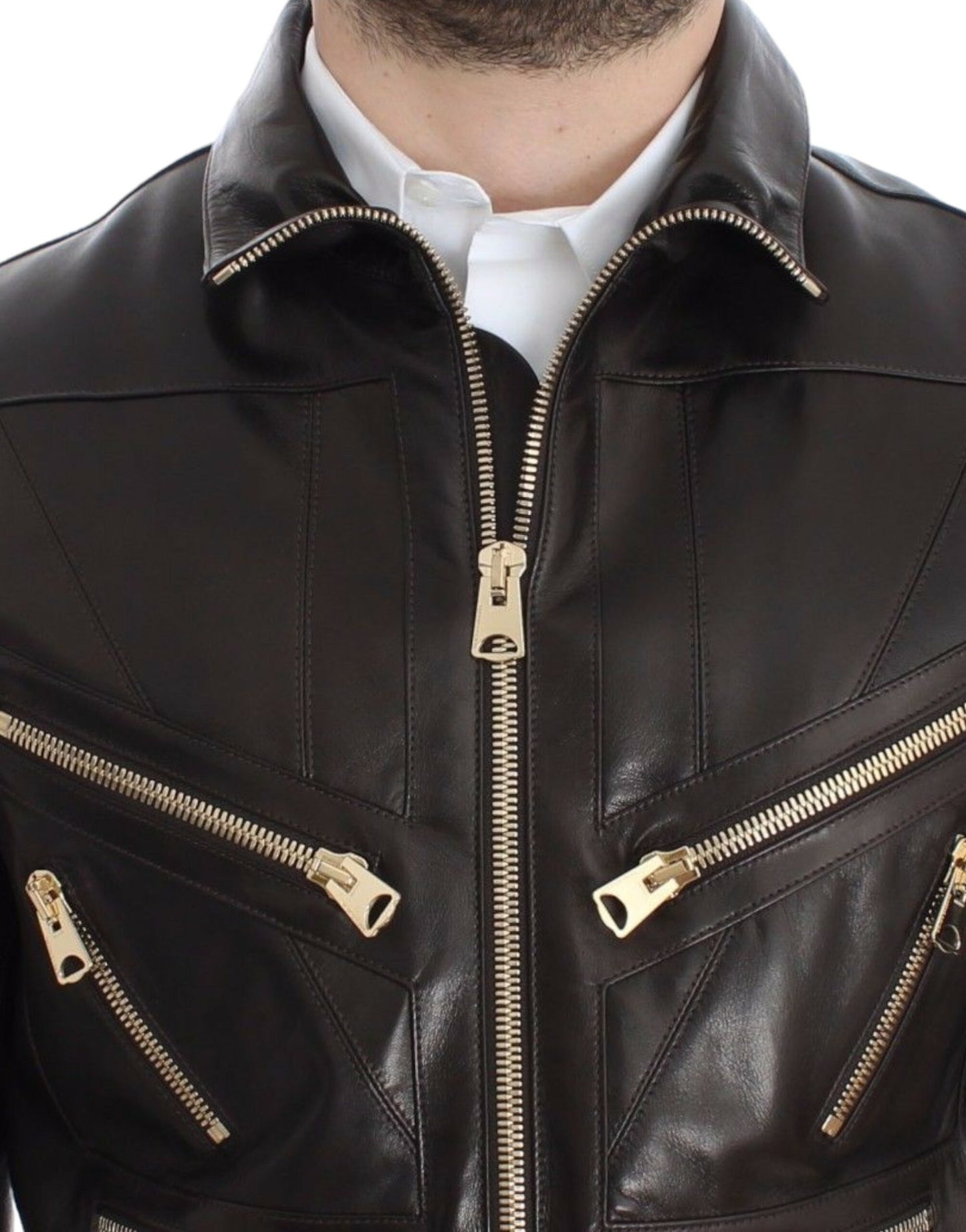 Dolce &amp; Gabbana - Élégante veste en cuir marron à détails dorés
